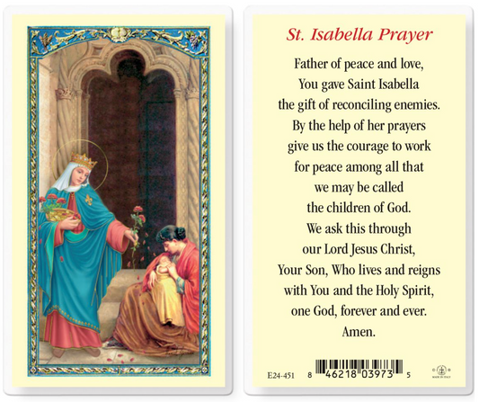 Prayer card featuring an illustration of a woman with a child, with text on the back.