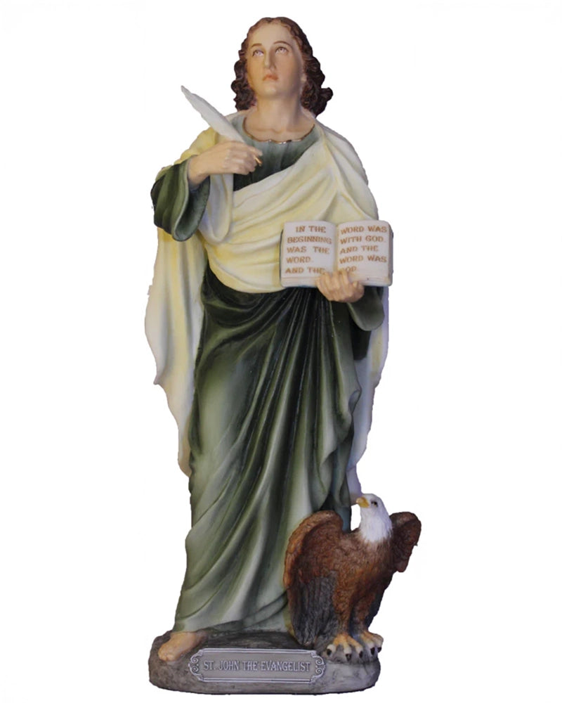 Statue of a religious figure holding an eagle on a white background