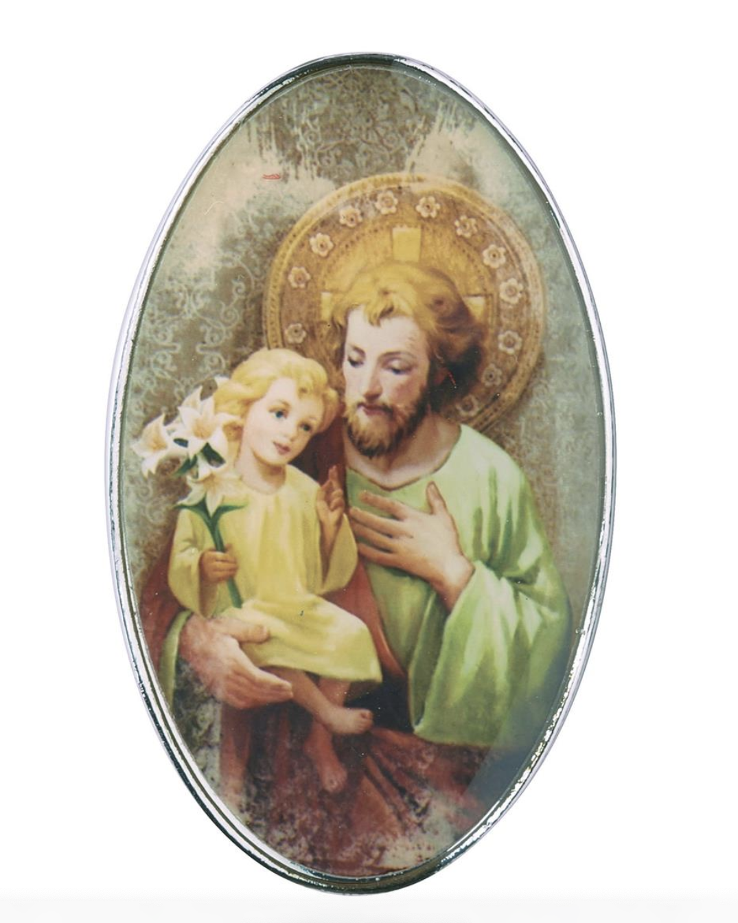 Oval painting of a religious figure holding a child on a white background