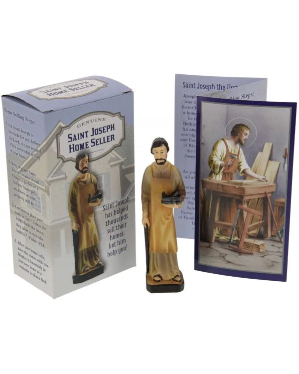 Saint Joseph home-selling figurine with packaging and a prayer card on a white background