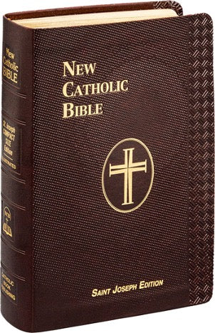 Compact burgundy bound St. Joseph New Catholic Bible with gold lettering and a cross emblem on the cover.