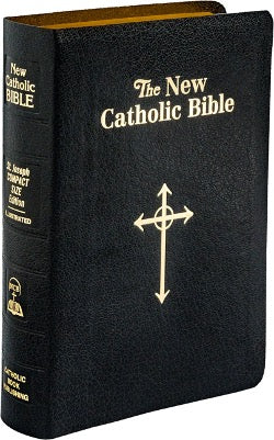 A compact black imitiation leather edition of the St. Joseph New Catholic Bible with gold lettering and a cross design on the cover.