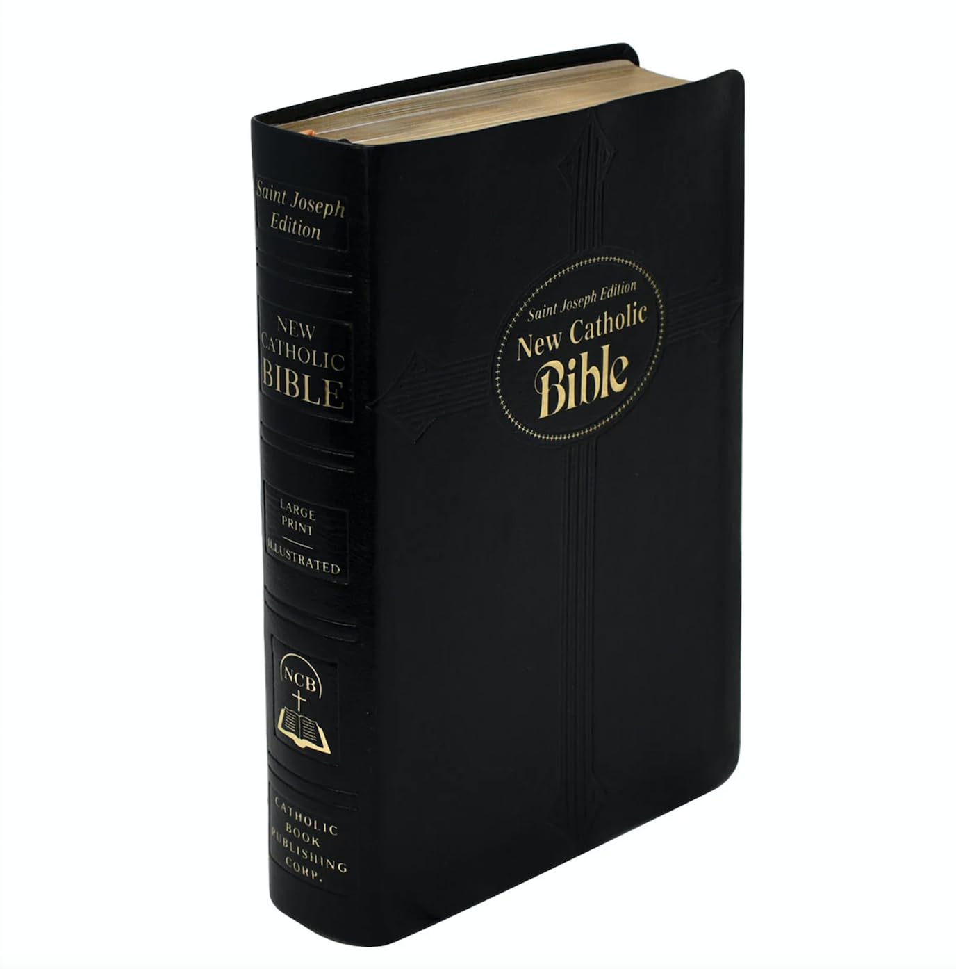 Black New Catholic Bible with gold embossed text on a white background