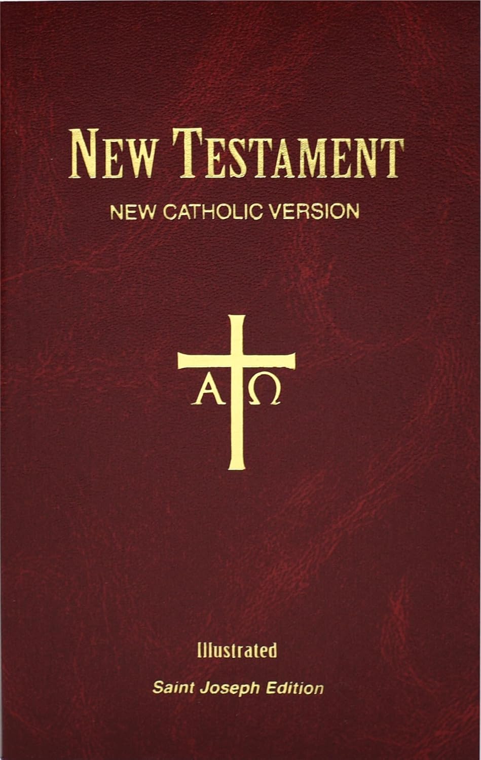 New Testament New Catholic Version book cover with gold cross symbol on maroon background