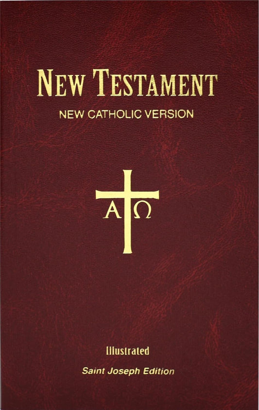 New Testament New Catholic Version book cover with gold cross symbol on maroon background