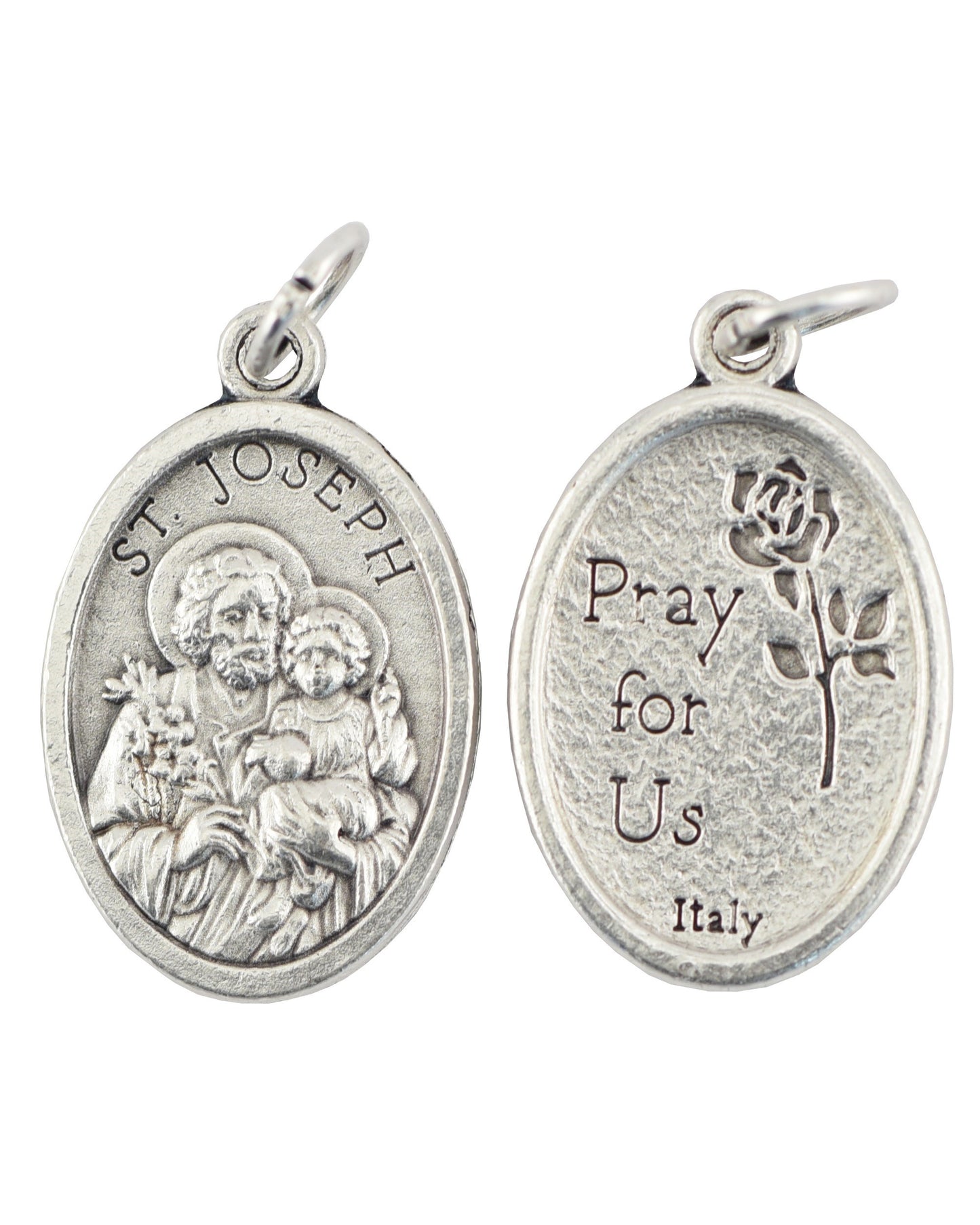 Silver St. Joseph pendant with 'Pray for Us' inscription on a white background