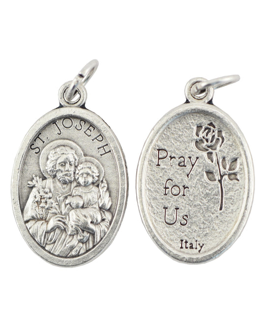 Silver St. Joseph pendant with 'Pray for Us' inscription on a white background