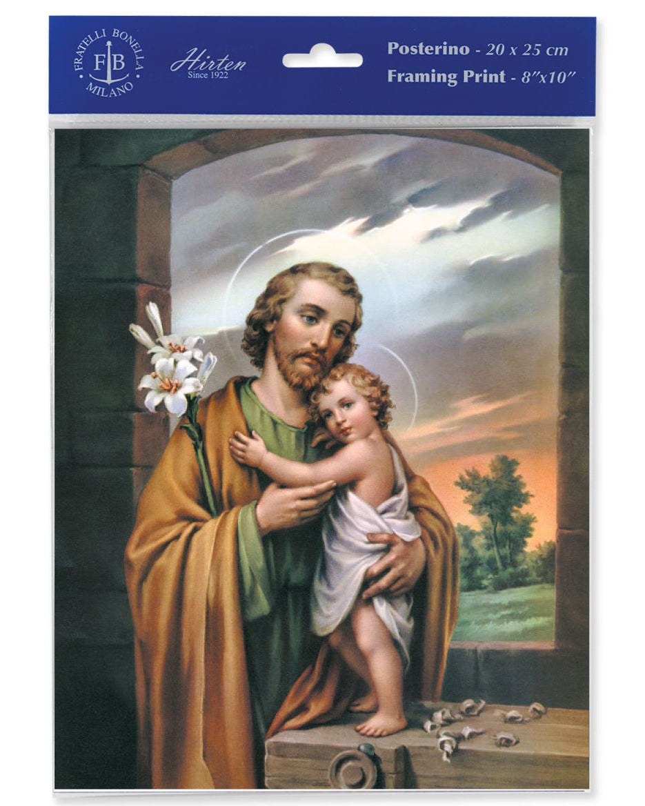 Packaged print of a religious scene with a saint holding a child, featuring the brand 'FB'.