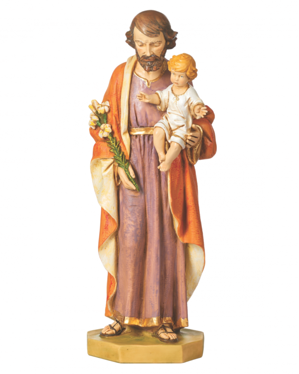 A hand-painted religious figurine of Saint Joseph holding the infant Jesus, set against a plain white background.