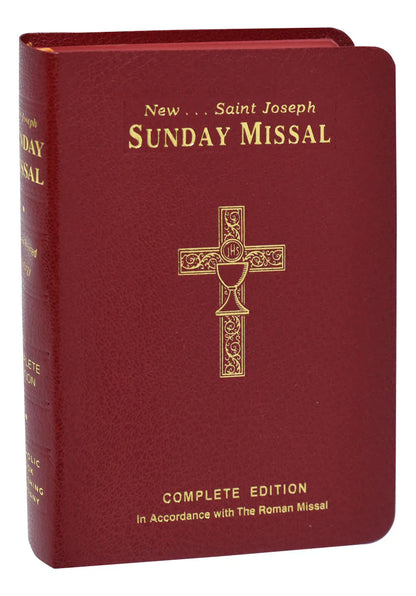 Red book titled 'Saint Joseph Sunday Missal' with a gold cross on a white background