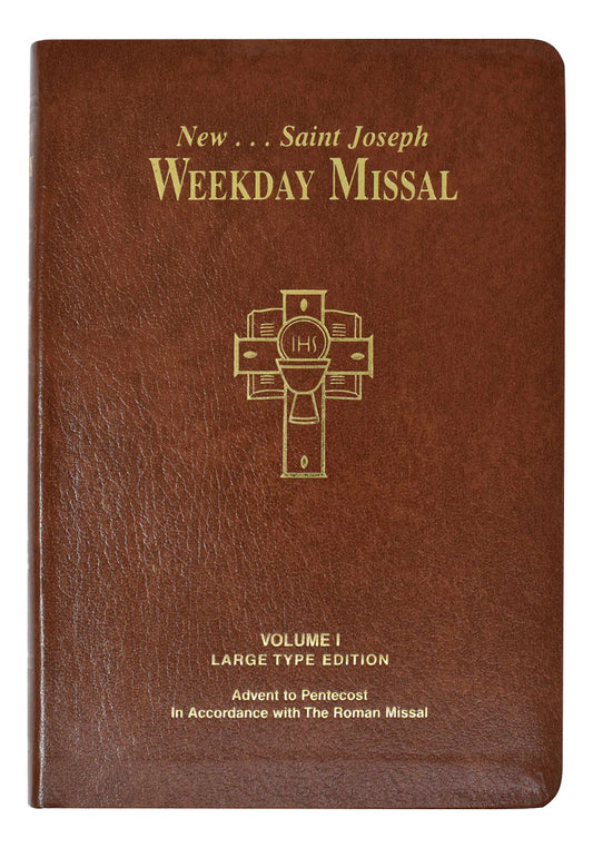 Brown book titled 'New Saint Joseph Weekday Missal' with a gold cross on the cover.