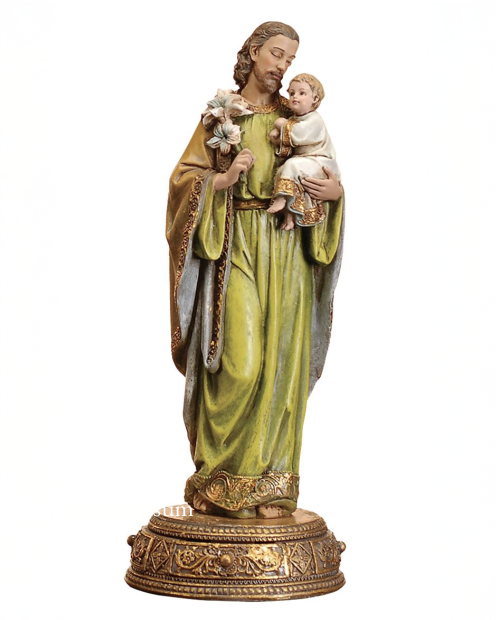 Statue of a St. Joseph the Worker holding a child on a white background