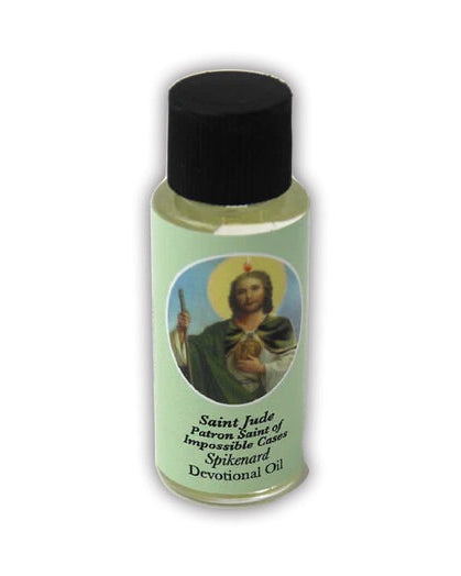 Bottle of Saint Jude Devotional Oil with a saint's image on a white background