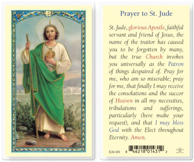 Prayer card featuring an illustration of St. Jude with a prayer text on the back.
