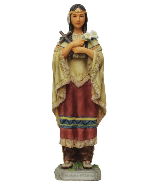Statue of a Native American woman in traditional dress holding flowers on a white background