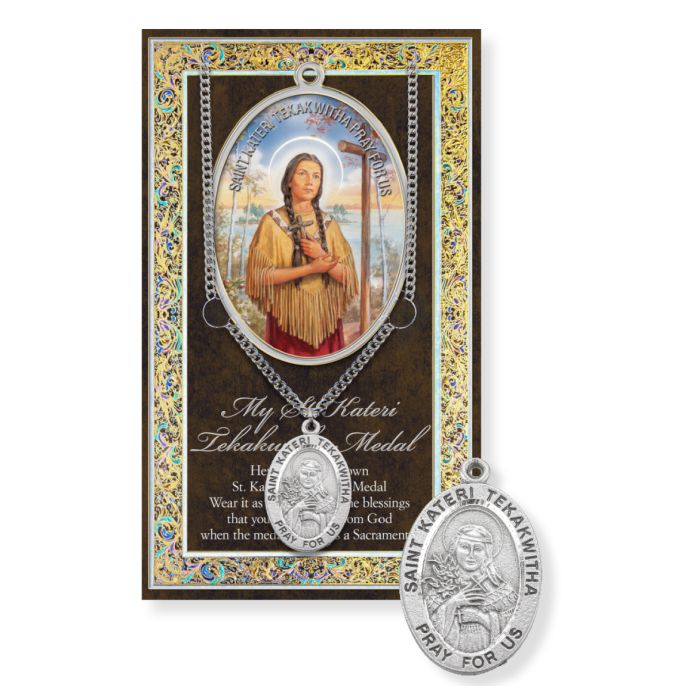 A pewter medal featuring an embossed image of St. Kateri Tekakwitha, accompanied by a stainless steel chain and an informative pamphlet.