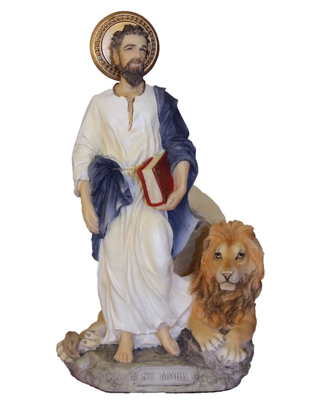 Statue of a religious figure with a lion on a white background