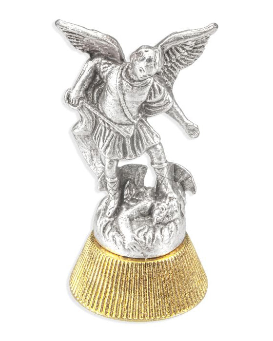 Silver angel statue on a gold pedestal against a white background