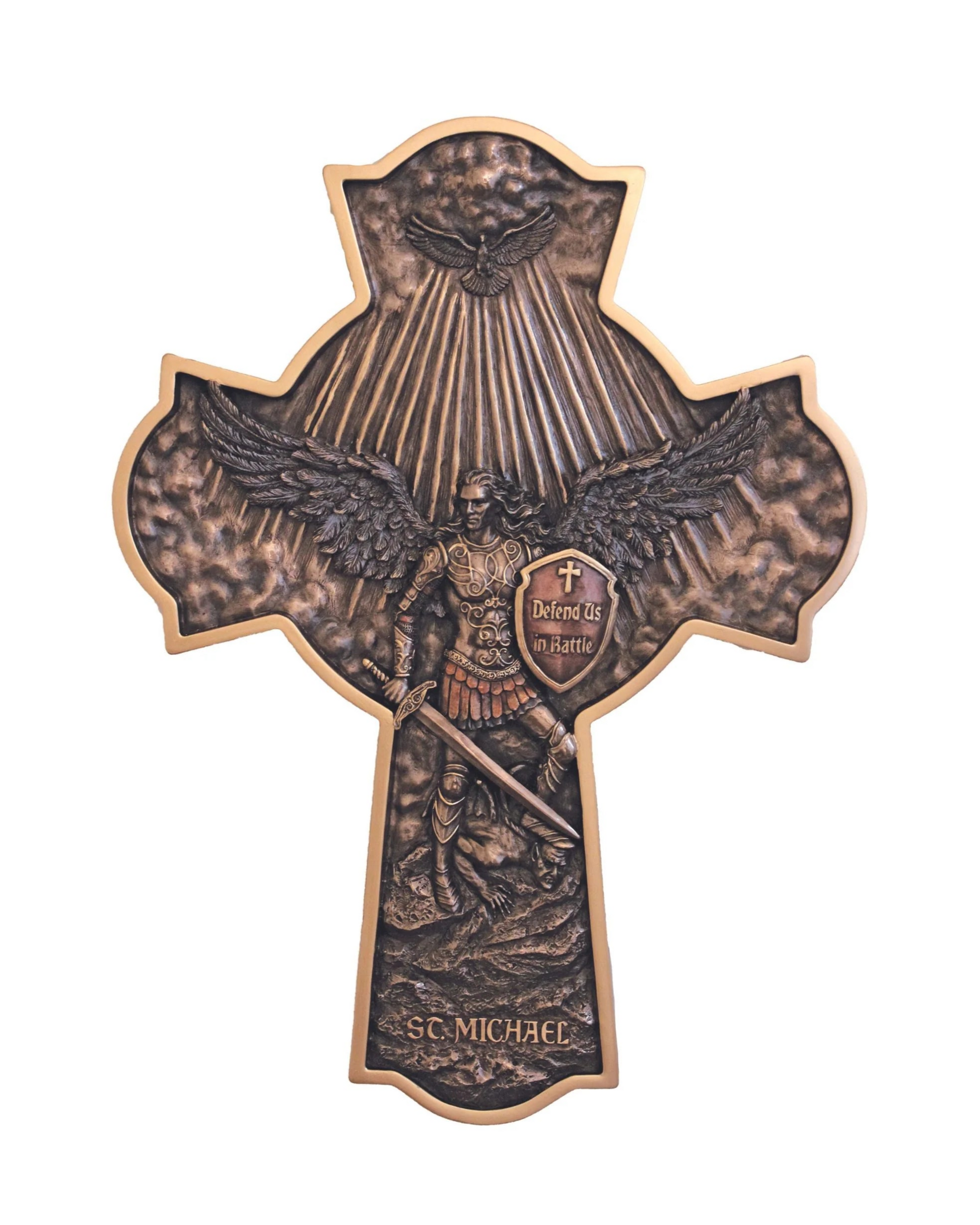 Bronze cross with angelic design on a white background