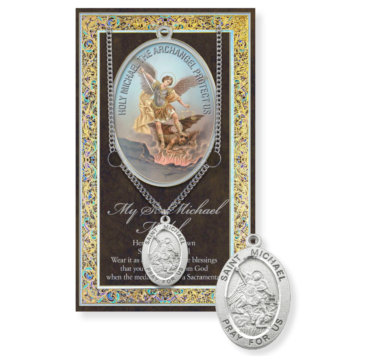 St. Michael the Archangel pendant on a card with text