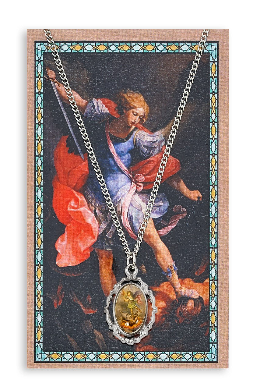 Necklace with pendant on a card featuring an angelic scene