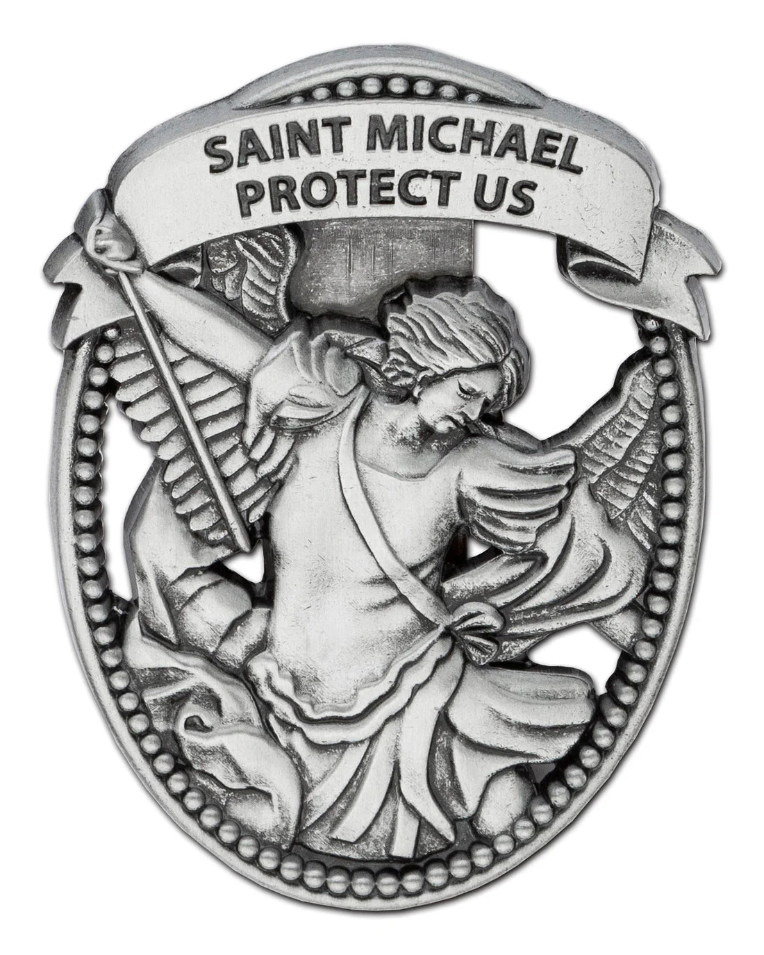Metallic badge with an angel and 'Saint Michael Protect Us' text on a white background
