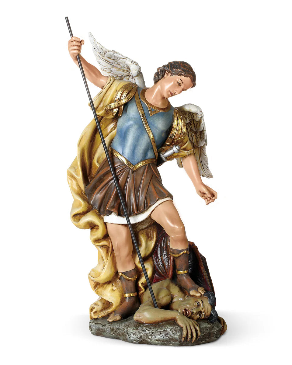 Statue of an angel with a spear on a white background