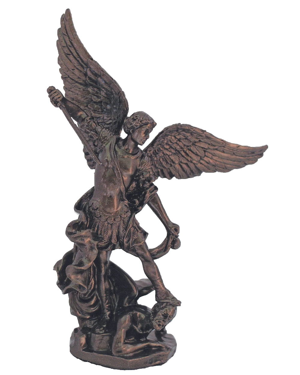 Bronze statue of an angel with outstretched wings on a white background