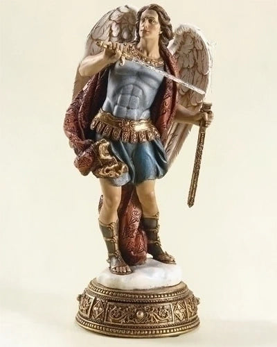 Statue of an angel with armor and a sword on a beige background