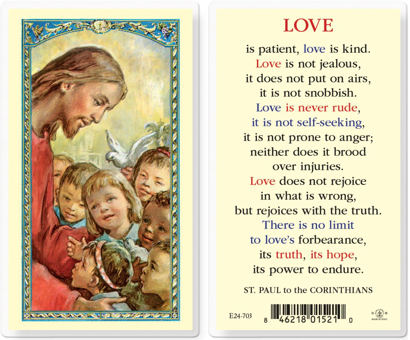 Card with illustration of a man with children and text about love on a white background