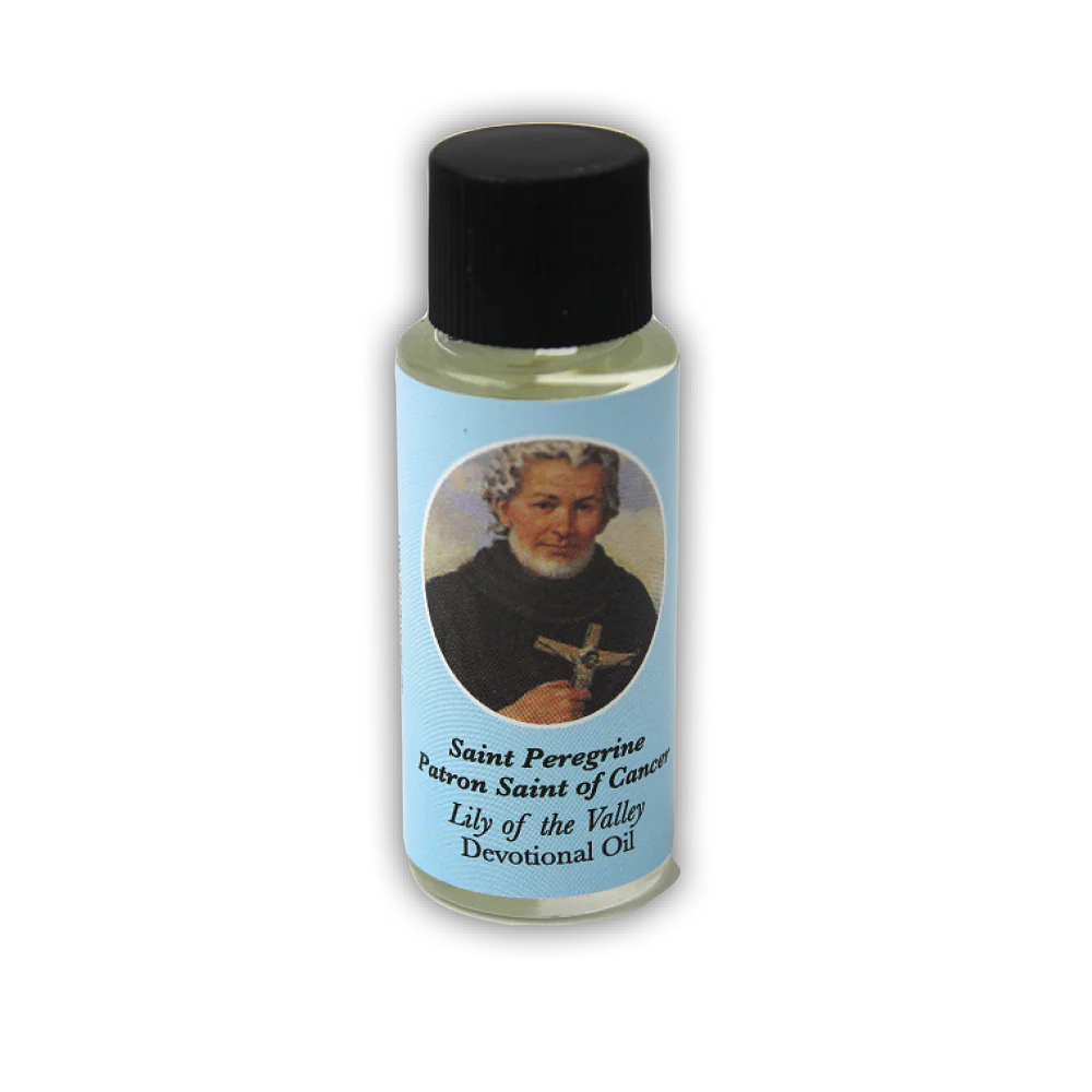 Bottle of Saint Perpetual Devotional Oil with a portrait on the label against a white background