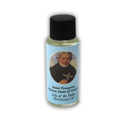 Bottle of Saint Perpetual Devotional Oil with a portrait on the label against a white background