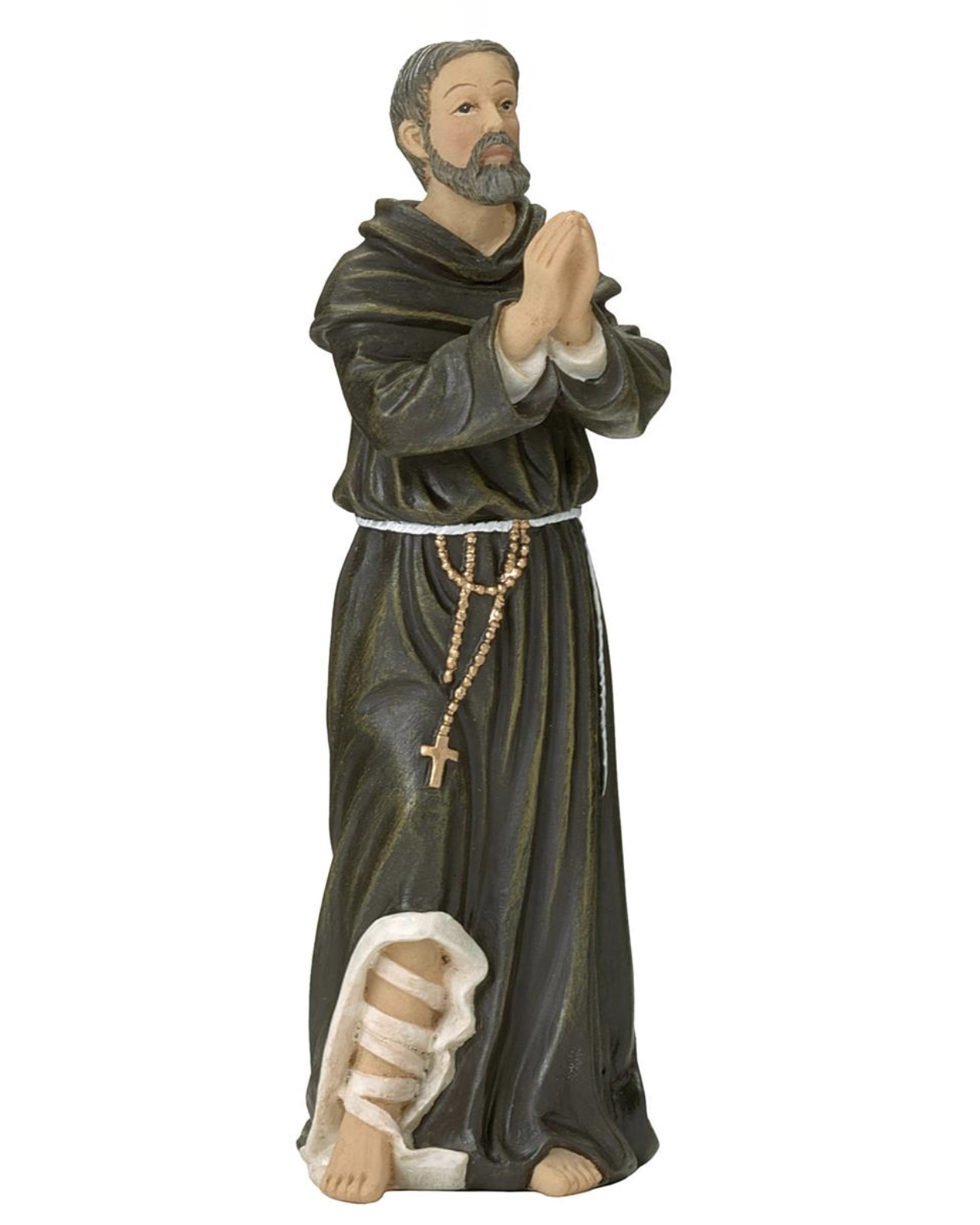 Statue of a religious figure in dark robes with a white bandage on a white background