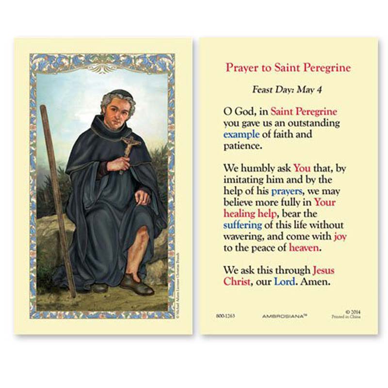 A laminated holy card featuring an illustration of St. Peregrine with a prayer on the back.