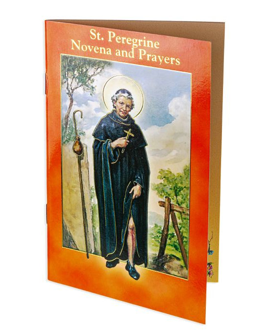 A cover image of the 'St. Peregrine Novena and Prayers' booklet featuring an illustration of Saint Peregrine with a colorful background.