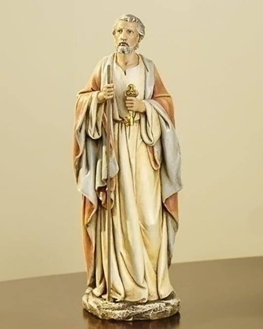 A statue of St. Peter made of resin stone mix, featuring the figure in a standing pose with attributes such as a key and a book, wearing apostolic attire.