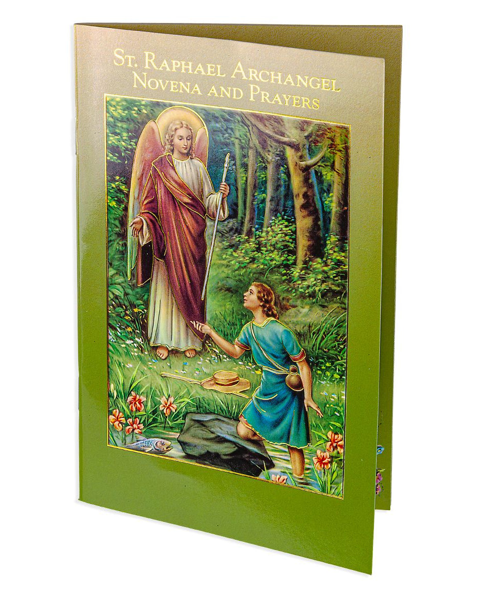 Booklet titled 'St. Raphael Archangel Novena and Prayers' with an illustration of a saint and a child in a forest setting.