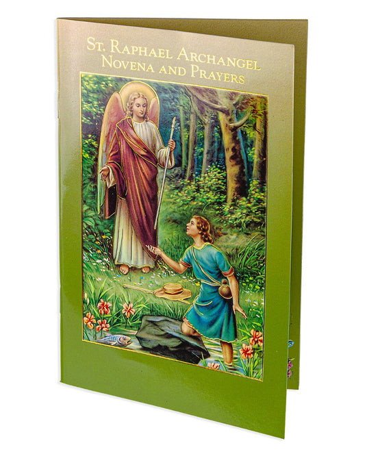 Booklet titled 'St. Raphael Archangel Novena and Prayers' with an illustration of a saint and a child in a forest setting.