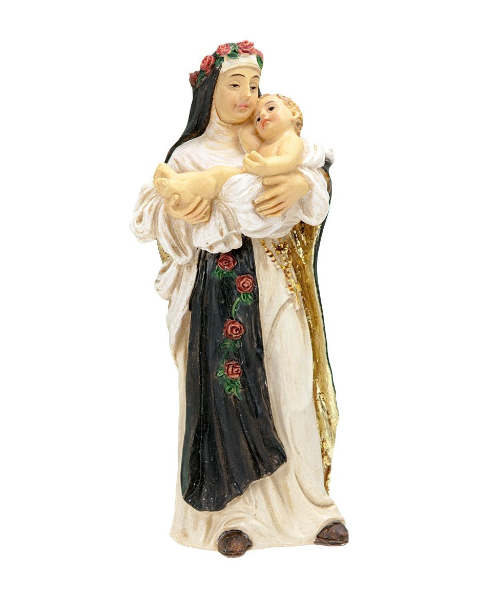 A religious figurine of the Virgin Mary holding the infant Jesus, shown against a plain white background. The figurine features a cream-colored robe, a black mantle with red rose details, and a gold-trimmed cloak.