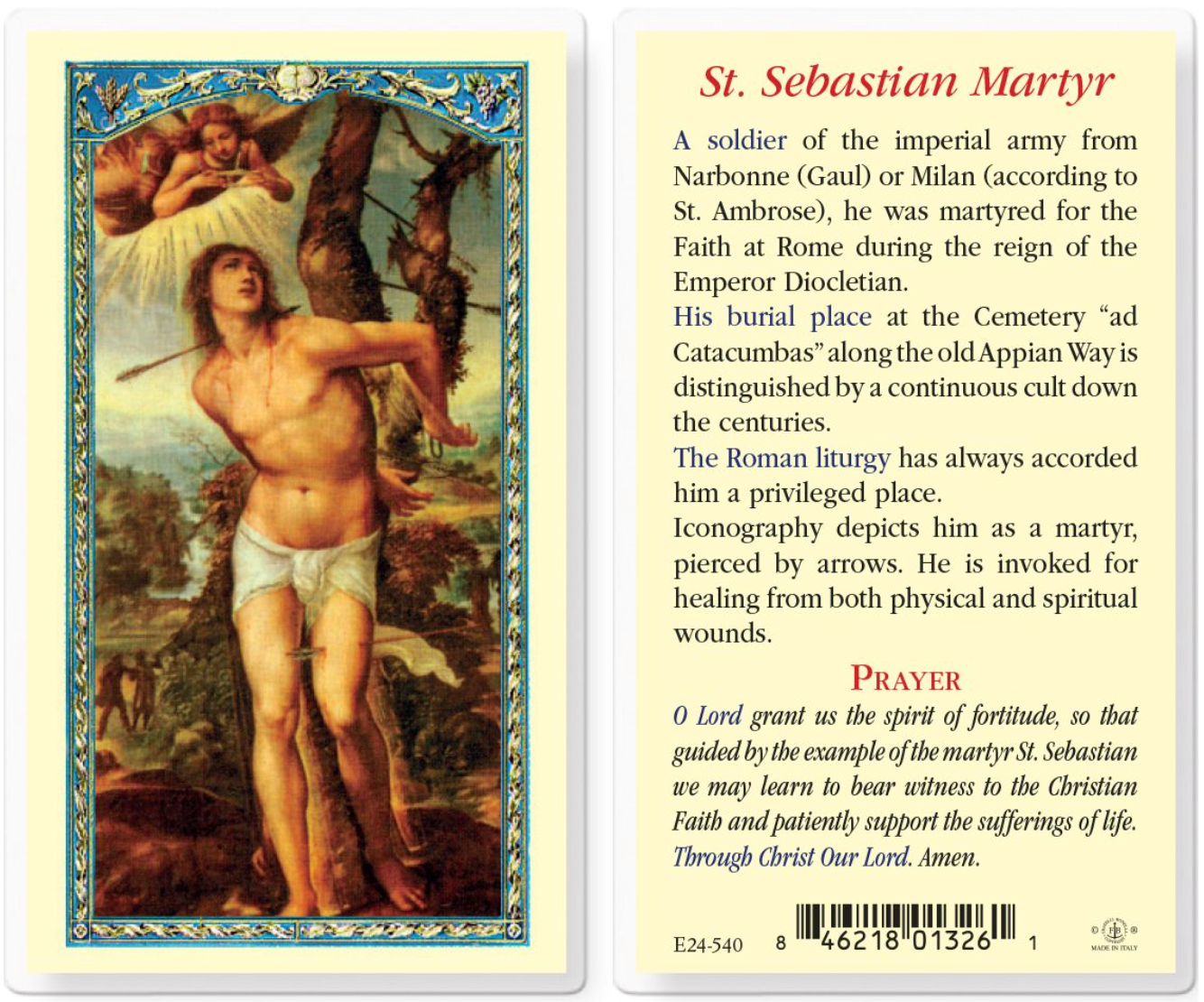 Saint Sebastian prayer card with illustration and text on the back