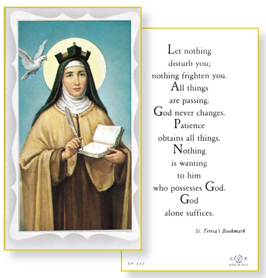 Saint Teresa of Avila with a dove and a quote on a white background