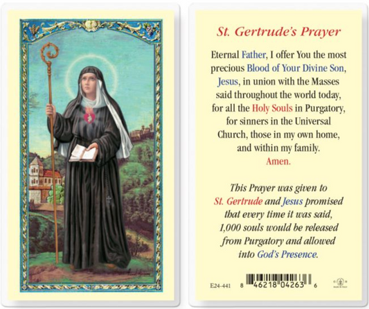 Prayer card featuring St. Gertrude with a colorful border and text.