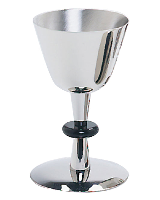 A stainless steel chalice with a black delrin node on the stem, featuring a reflective silver finish and a circular base.