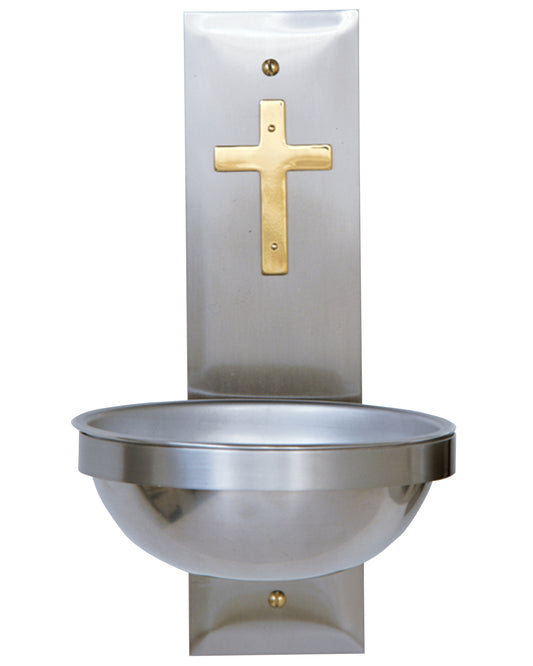 Stainless Steel Holy Water Font with a Gold cross on a plain white background.