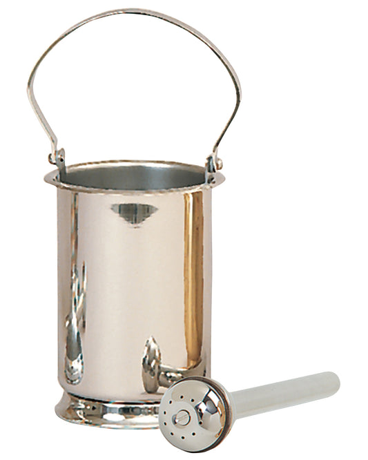 Silver ice bucket with handle and metal scoop on a white background