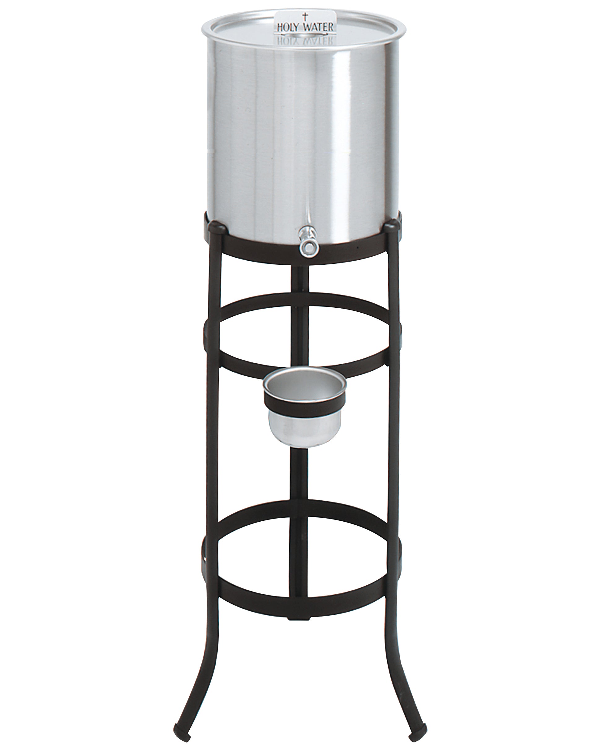 Metal water dispenser with stand on a white background
