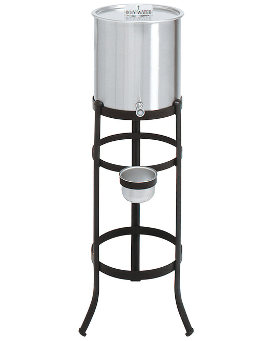 Metal water dispenser with stand on a white background