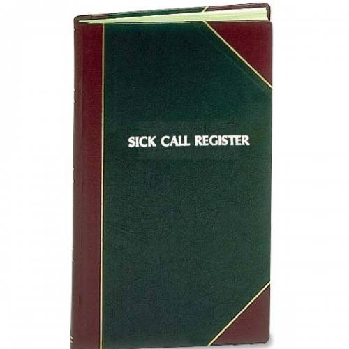 Green book titled 'Sick Call Register' with red-brown binding on a white background
