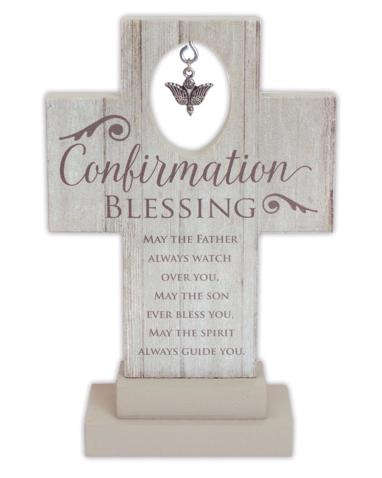 Decorative cross with 'Confirmation Blessing' text and angel charm on a white background