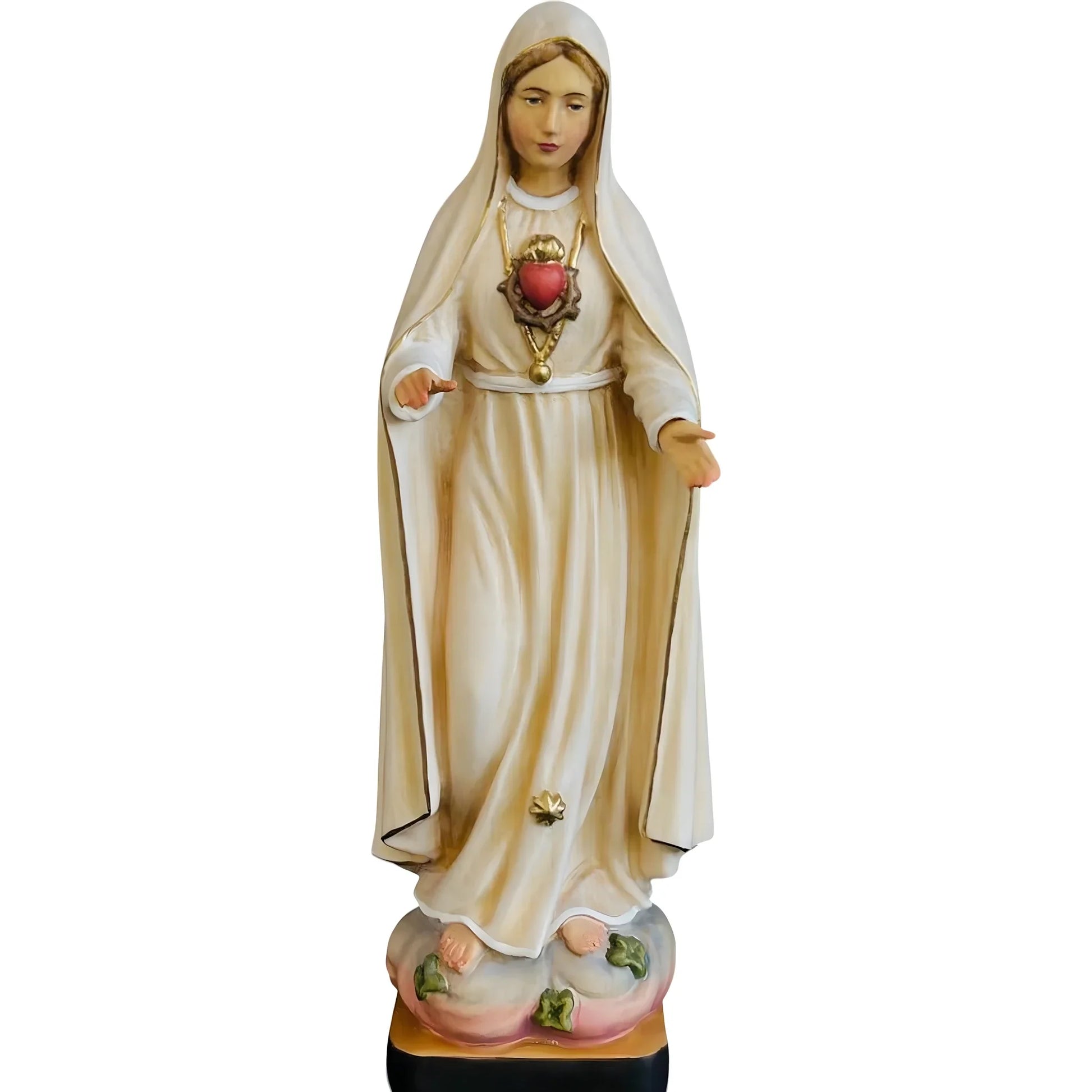 Statue of a religious figure in a white robe with a red heart emblem on a white background